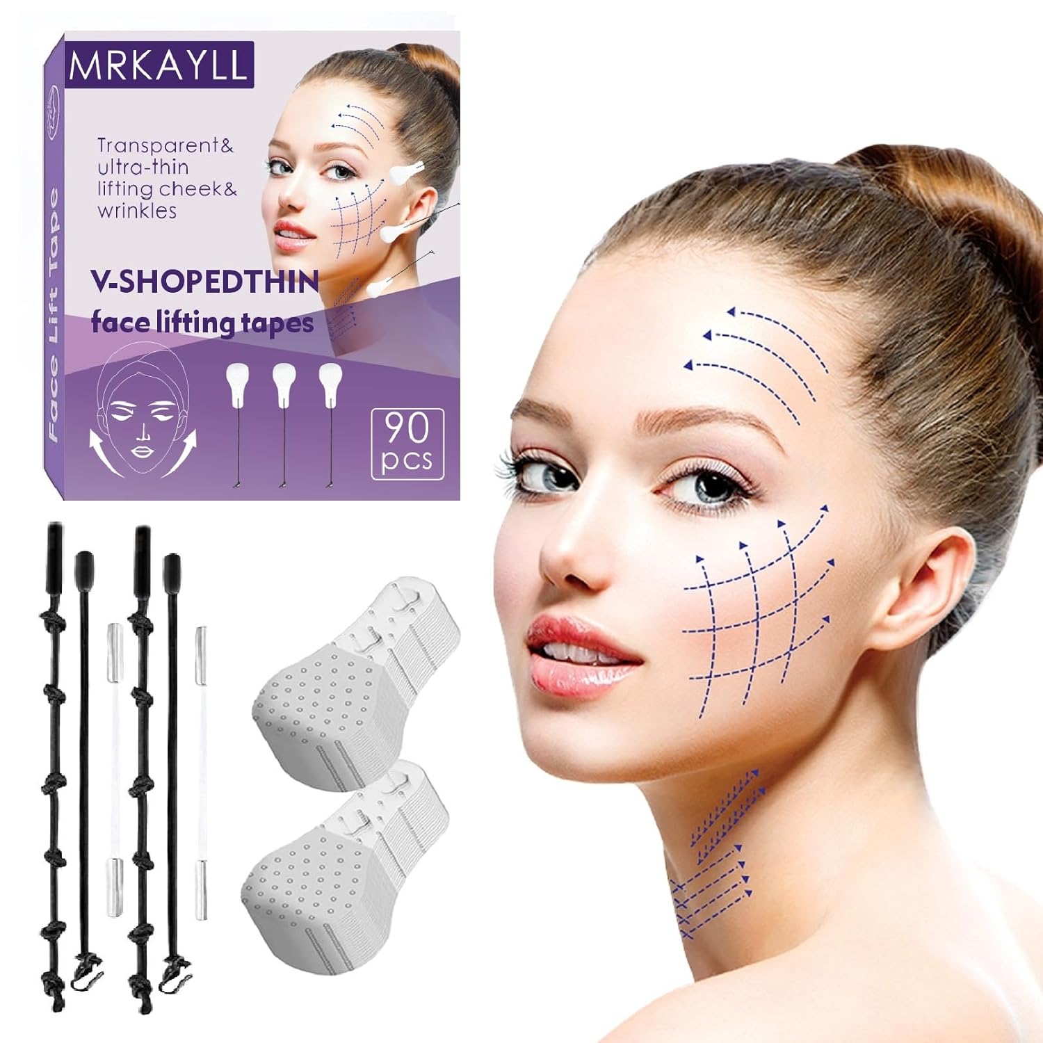 90Pcs face lift tape invisible,face lift tape,High Elasticity Instant Face Lift Tape V-Shaped For Lifting Sagging Skin, Hide Double Chin & Facial Wrinkles., clear