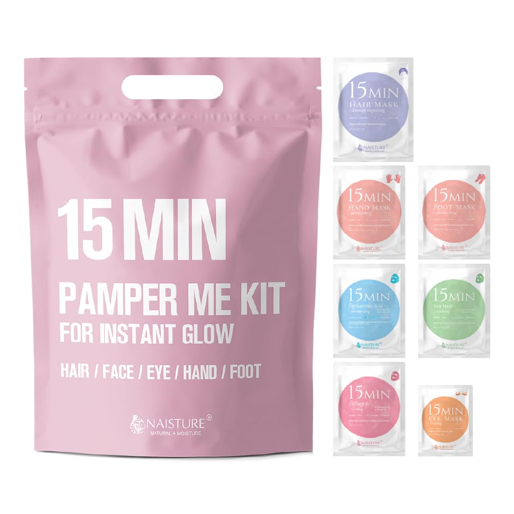 15 MIN PAMPER ME KIT FOR INSTANT GLOW - Hair Mask, Face Mask, Eye Mask, Hand Mask, Foot Mask Set for Skincare & Beauty Special Home Spa Skin Care Treatment (7 Packs)