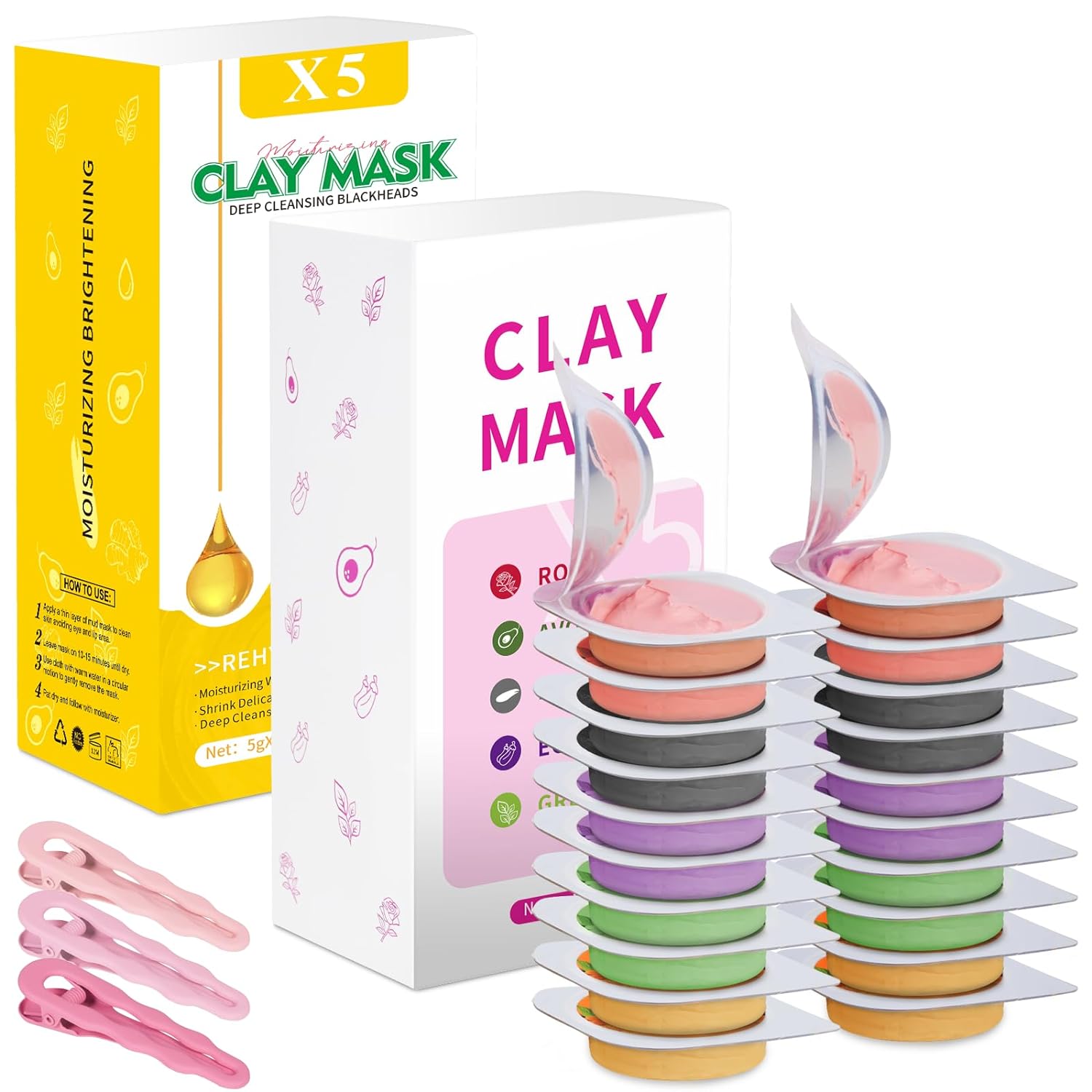 20 Pods Clay Facial Mask Set - Green Tea,Turmeric, Dead Sea Mud,Rose, 24K Gold，Eggplant,Avocado，Mud Mask Deep Pore Cleansing Acne Blackhead Removal,Men & Women Face Mask Skin Care.