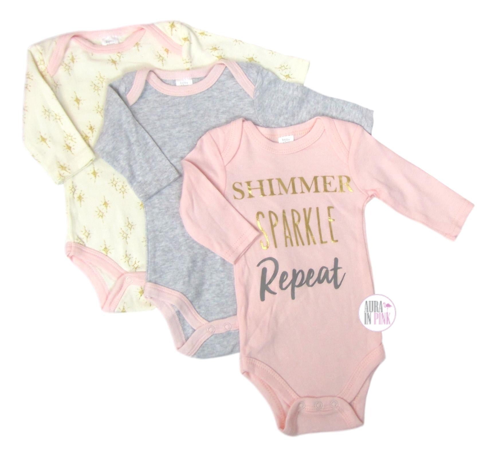 Baby Kiss Shimmer Sparkle Repeat 3-Pc Long-Sleeved Bodysuit Onesies Set