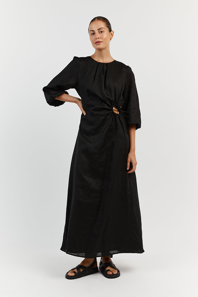 BEAU BLACK SLEEVED LINEN MIDI DRESS Clothing DISSH Boutiques 16 BLACK